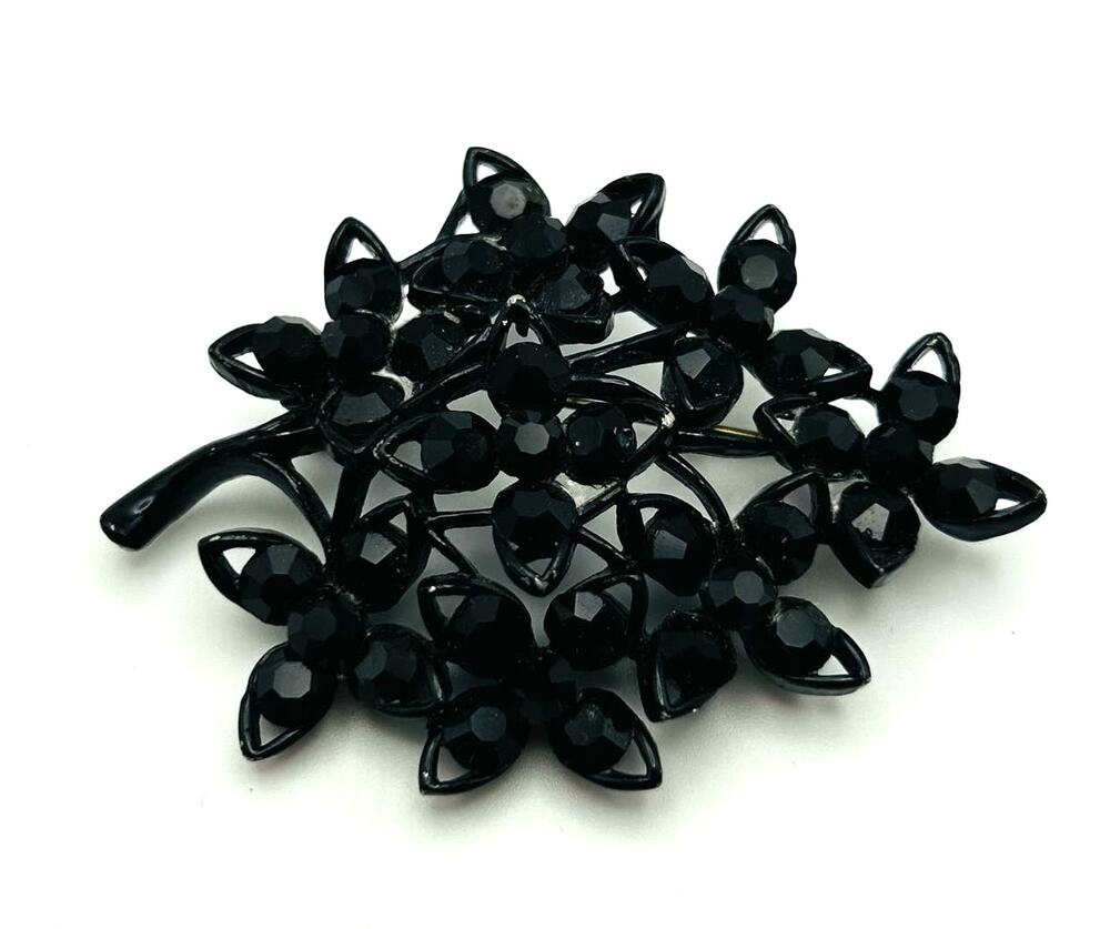 Lisner Brooch Black Enamel Rhinestone Floral Branch Pin 2.5" Vintage Signed